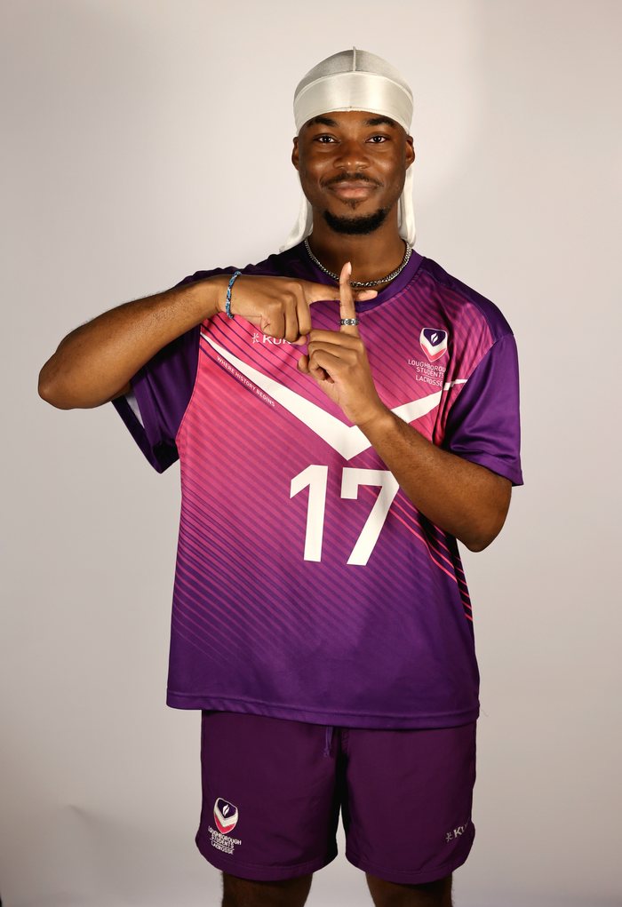 Keran in a Loughborough Students Lacrosse jersey, studio portrait
